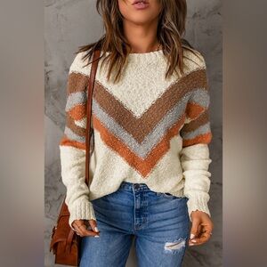 Women's Chevron Knit Sweater - Cream, Brown, and Sienna XL NWT